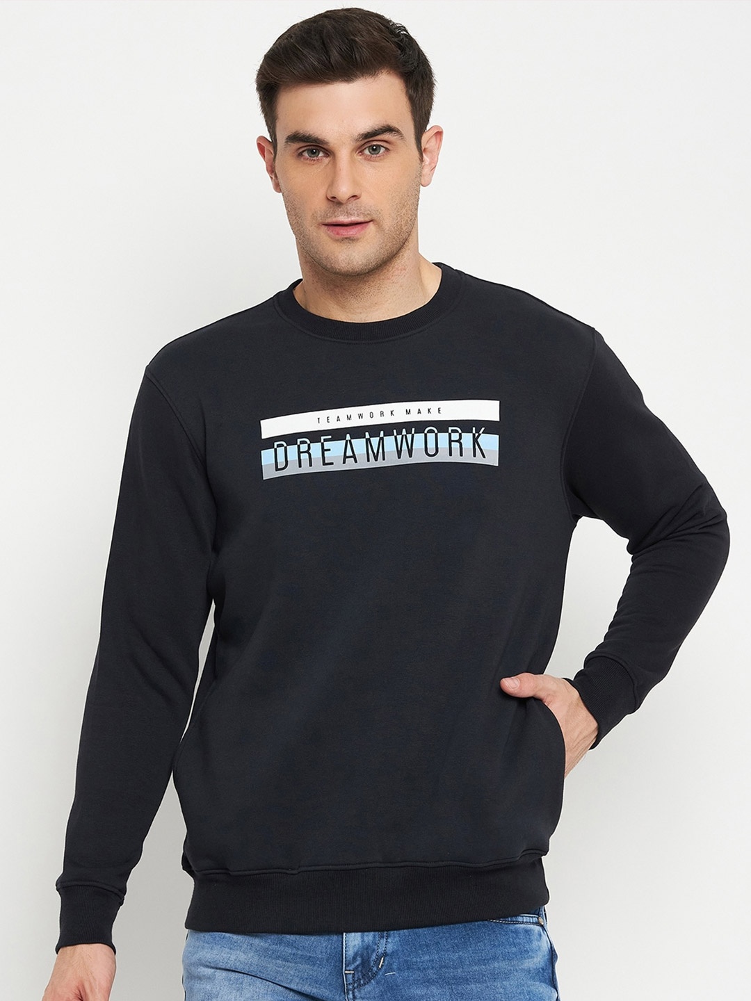 

Cantabil Typography Printed Fleece Pullover, Navy blue