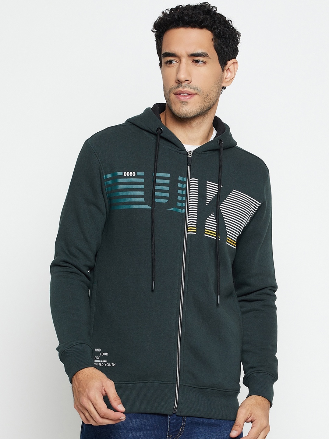 

Cantabil Printed Hooded Fleece Sweatshirt, Green