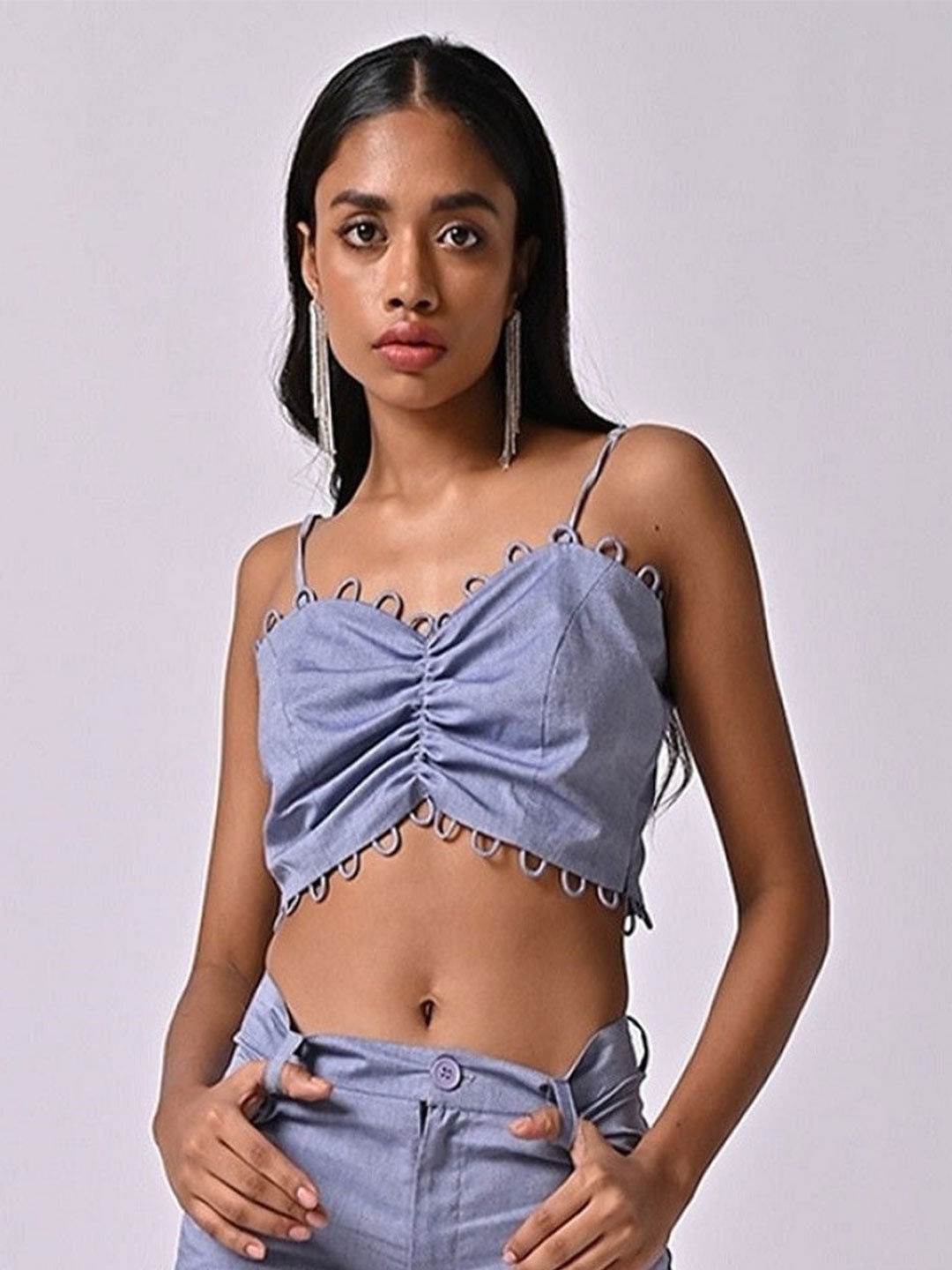 

MISSY Shoulder Straps Gathered Cotton Chambray Regular Crop Top, Lavender