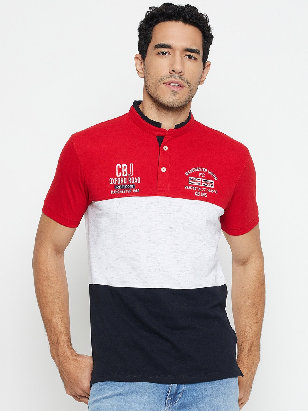 

Cantabil Colourblocked Mandarin Collar Cotton T-shirt, Red