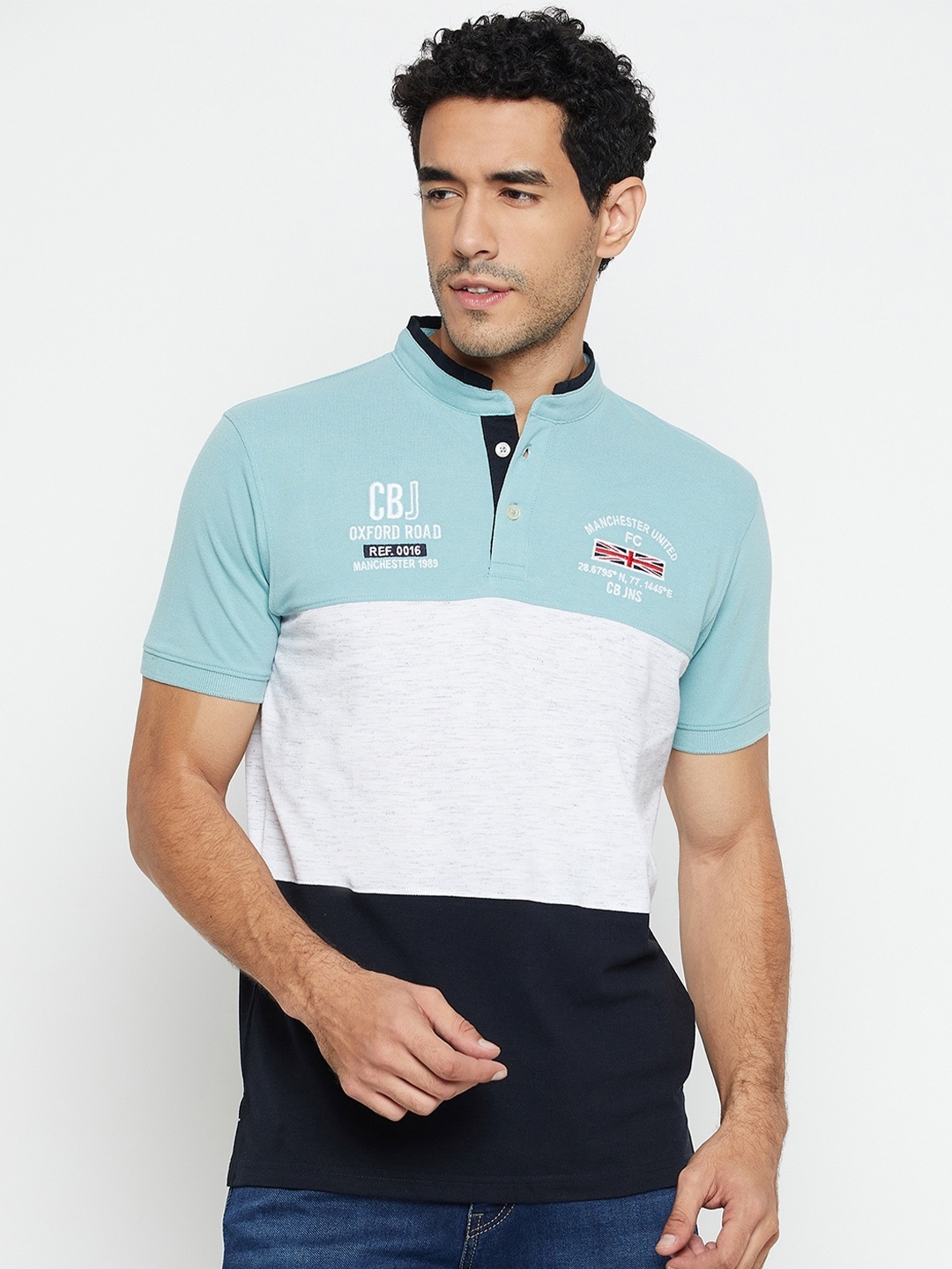 

Cantabil Colourblocked Mandarin Collar Cotton T-shirt, Blue
