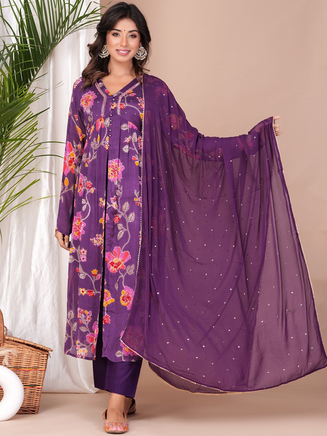 

EtnicaWear Floral Printed V-Neck Empire A-Line Kurta & Trousers With Dupatta, Purple