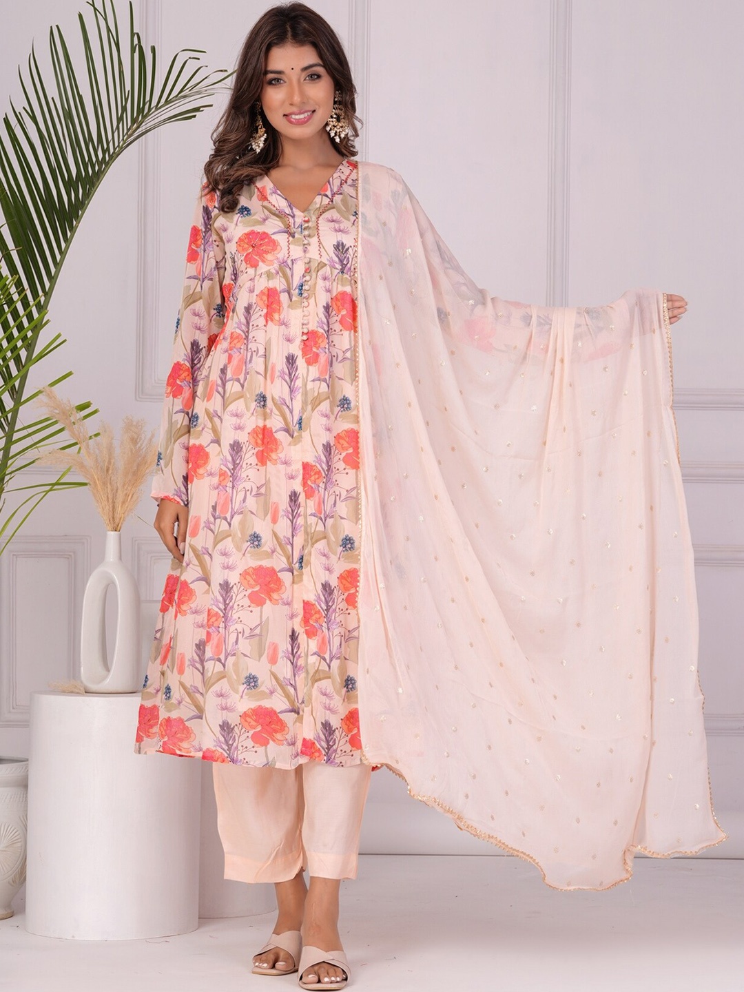 

EtnicaWear Floral Printed V-Neck Empire A-Line Kurta & Trousers With Dupatta, Cream