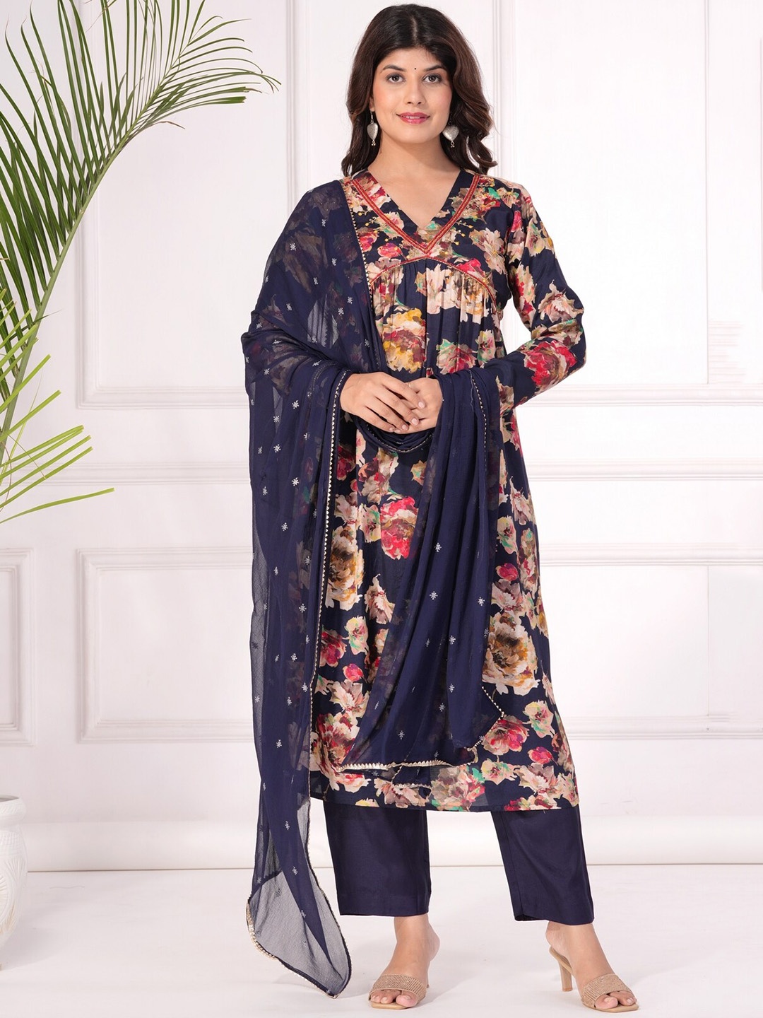

EtnicaWear Floral Printed V-Neck Empire A-Line Kurta & Trousers With Dupatta, Blue
