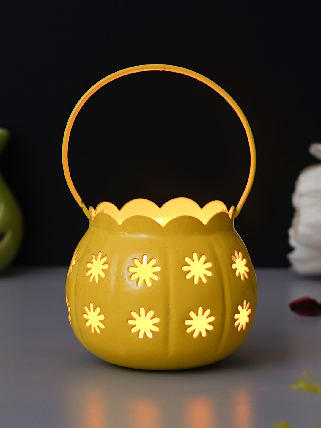 

eCraftIndia Yellow Cup Lantern Metal T-Light Candle Holder