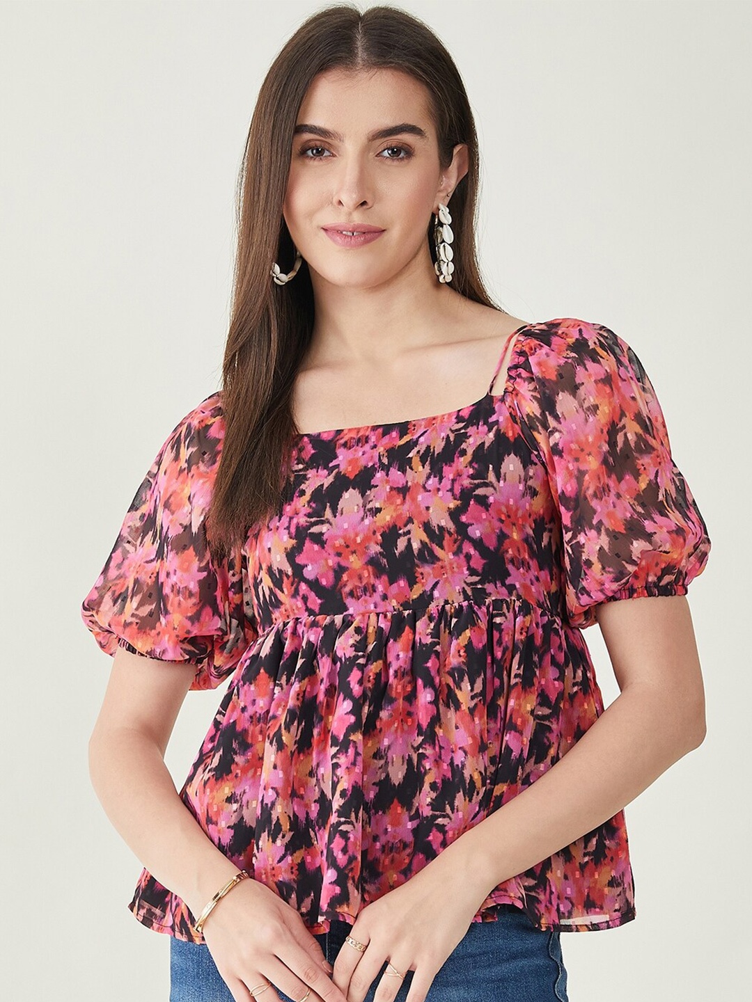 

JUNE & HARRY Floral Printed Square Neck Pleated Top, Black