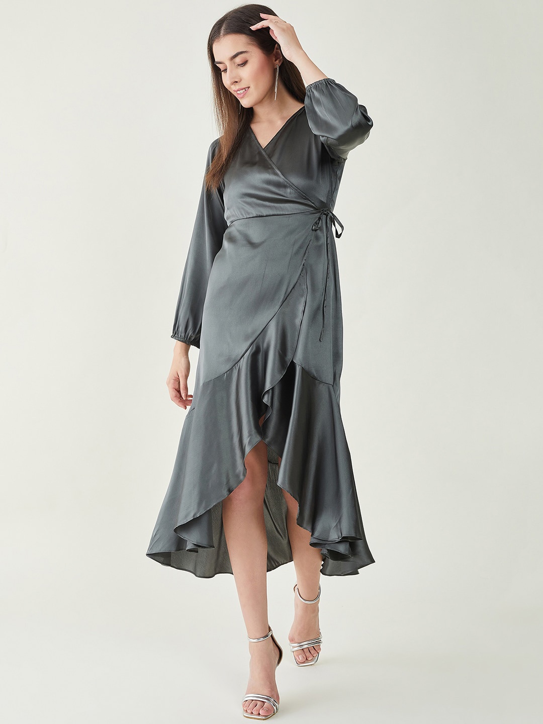 

JUNE & HARRY V-Neck Satin Wrap Midi Dress, Olive