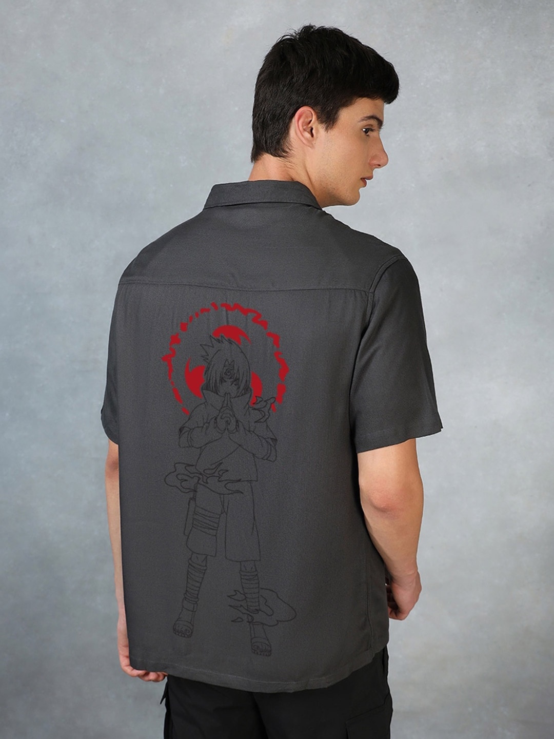 

Bewakoof Grey Oversized Naruto Printed Spread Collar Short Sleeves Casual Shirt