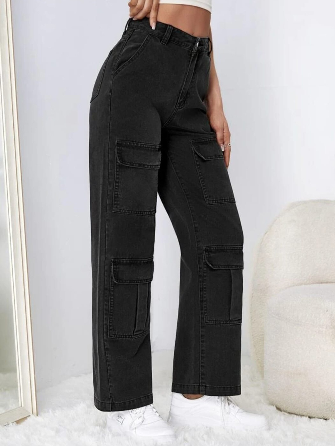 

BROADSTAR Women Smart Wide Leg High-Rise Stretchable Cotton Cargo Jeans, Black