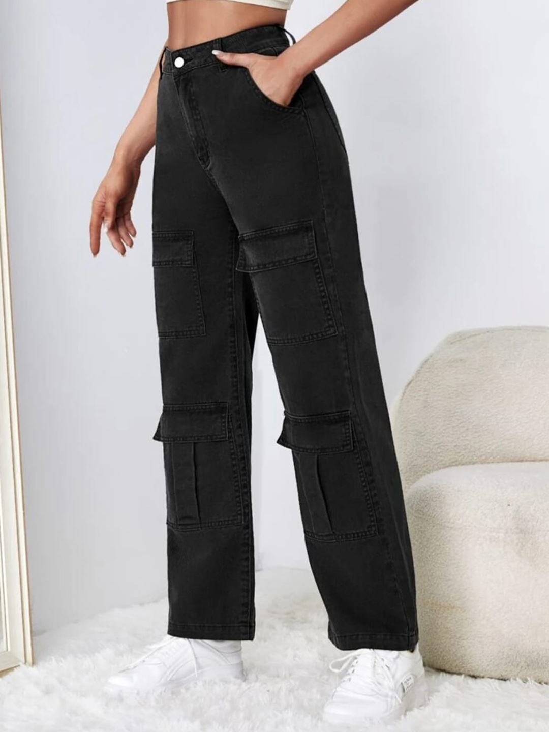 

BROADSTAR Women Smart Wide Leg High-Rise Clean Look Stretchable Jeans, Black