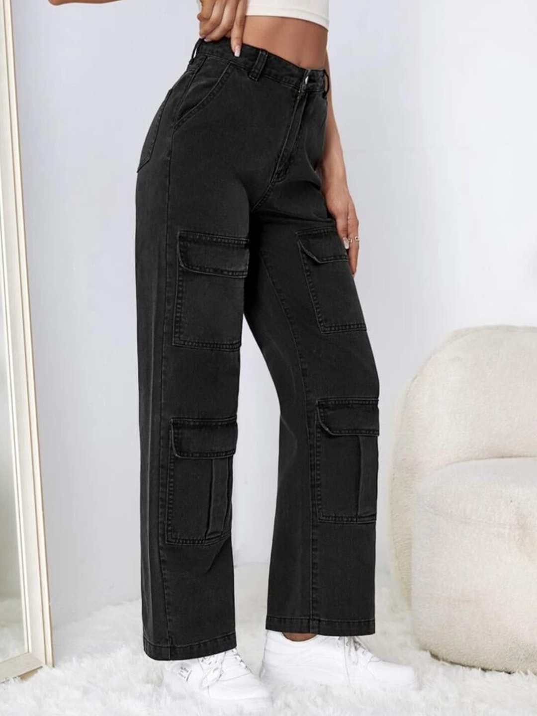 

BROADSTAR Women Smart Wide Leg High-Rise Clean Look Stretchable Jeans, Black