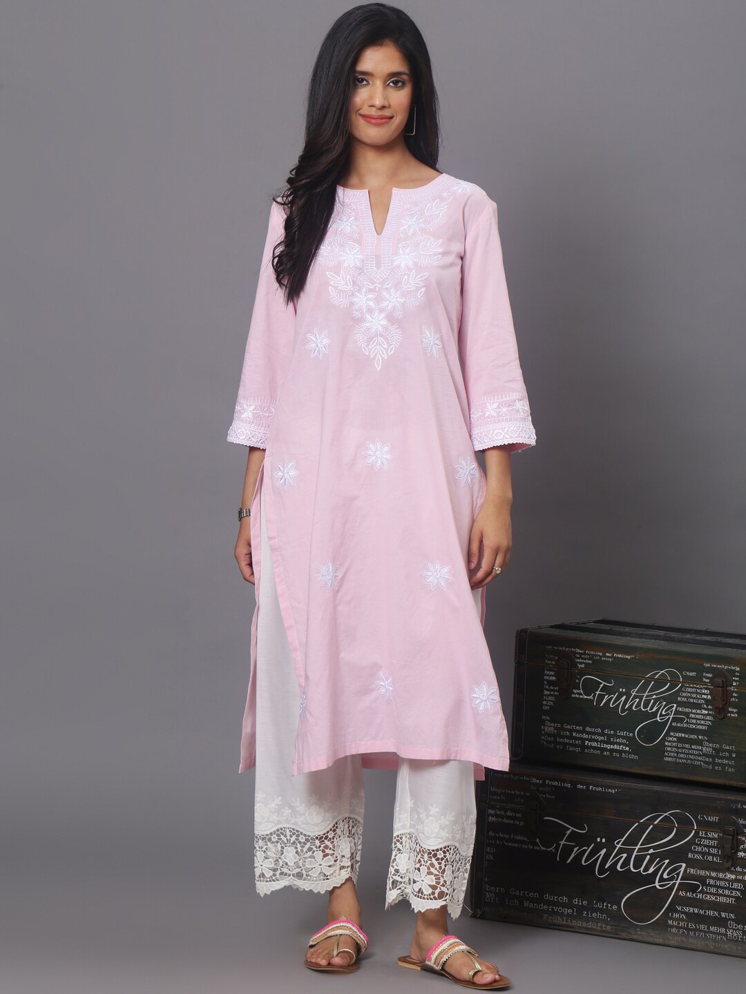 

Spring Soul Floral Embroidered Pastels Cotton Straight Kurta, Pink