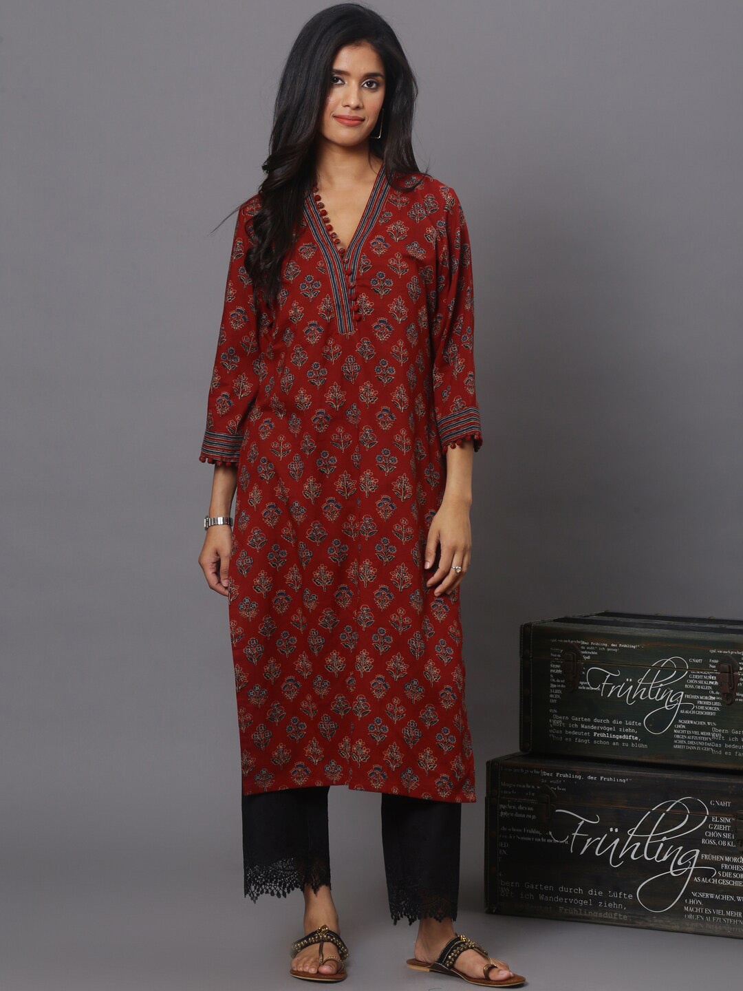 

Spring Soul Ethnic Motifs Printed V-Neck Cotton Straight Kurta, Maroon