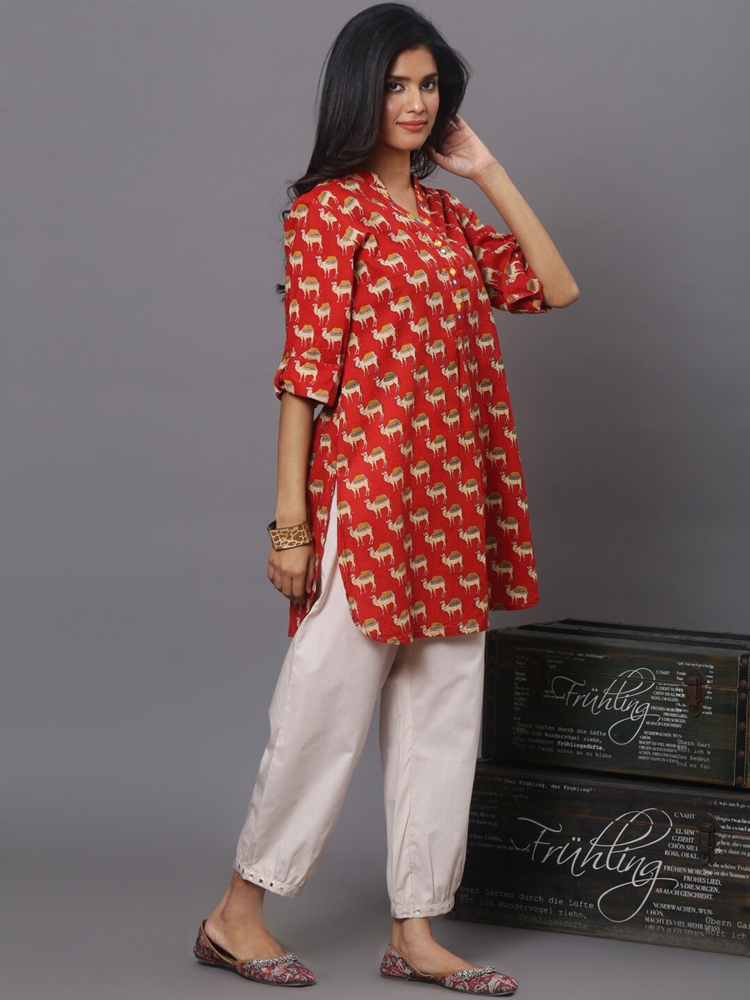 

Spring Soul Quirky Printed Roll Up Sleeves Mirror Work Cotton Straight Kurta, Red