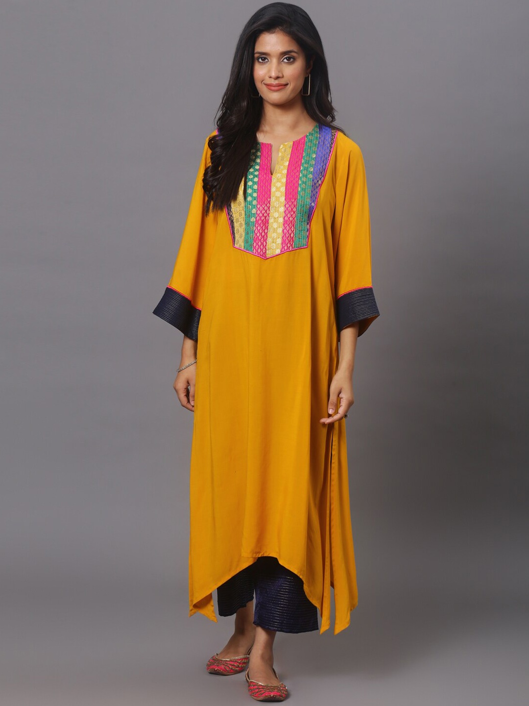 

Spring Soul Woven Design Yoke Flared Sleeves Cotton Straight Kurta, Mustard