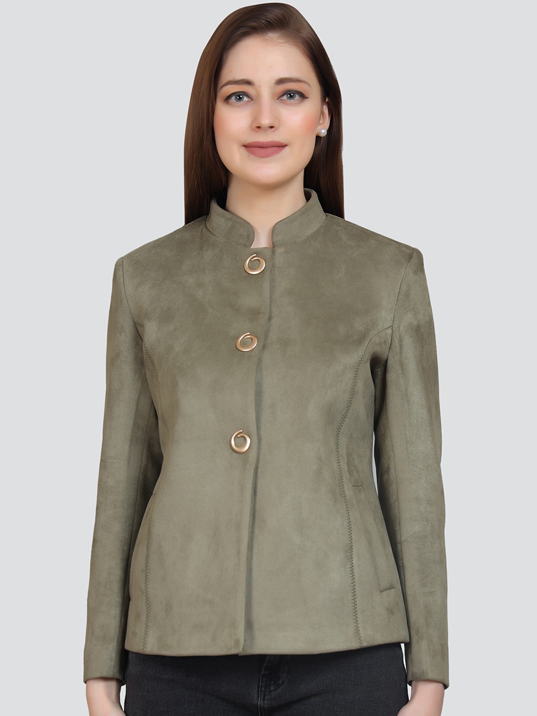 

YOUNG CLUB CLASSIC Single Breasted Mandarin Collar Pea-Coat, Olive