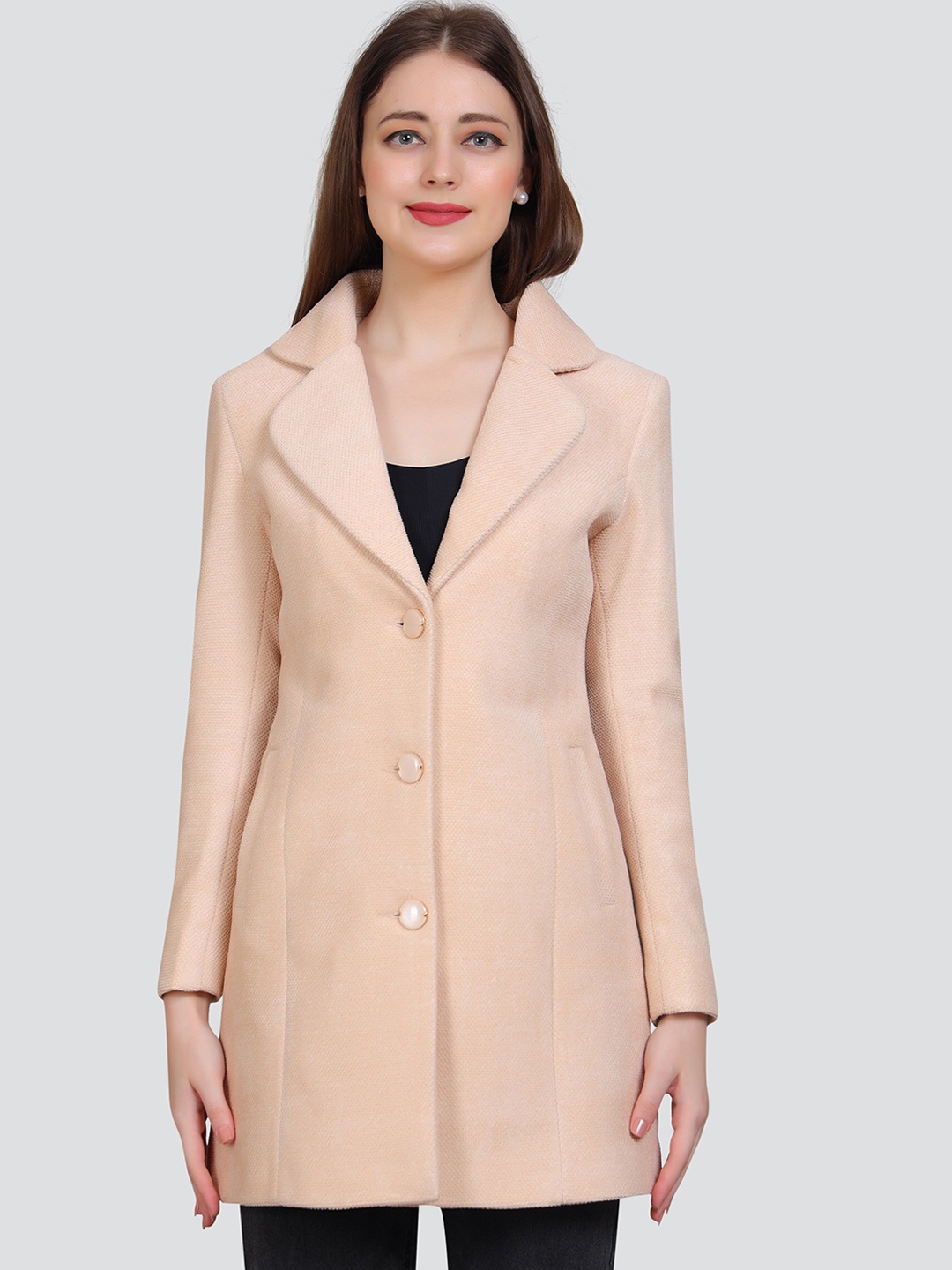

YOUNG CLUB CLASSIC Single-Breasted Notched Lapel Pea Coat, Beige