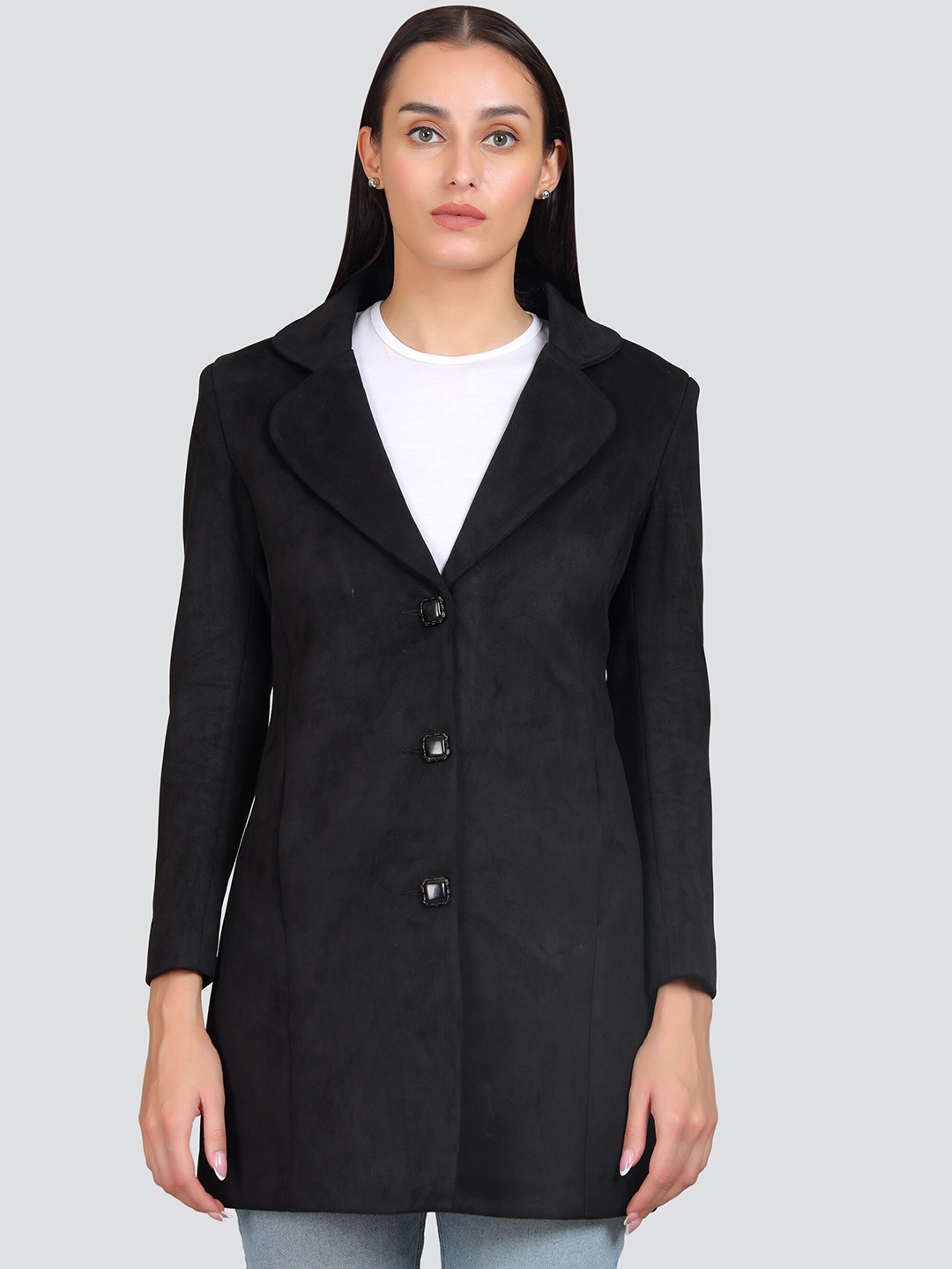 

YOUNG CLUB CLASSIC Single Breasted Suede Pea Coat Coat, Black