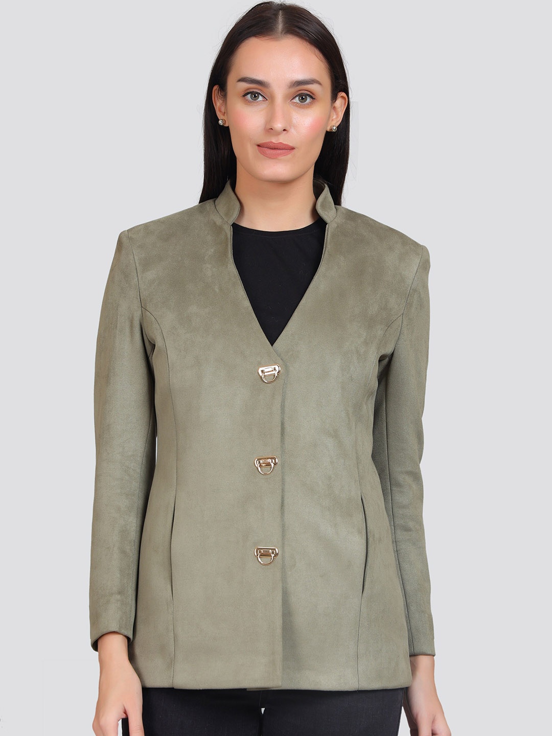 

YOUNG CLUB CLASSIC Single Breasted Suede Pea Coat Coat, Green