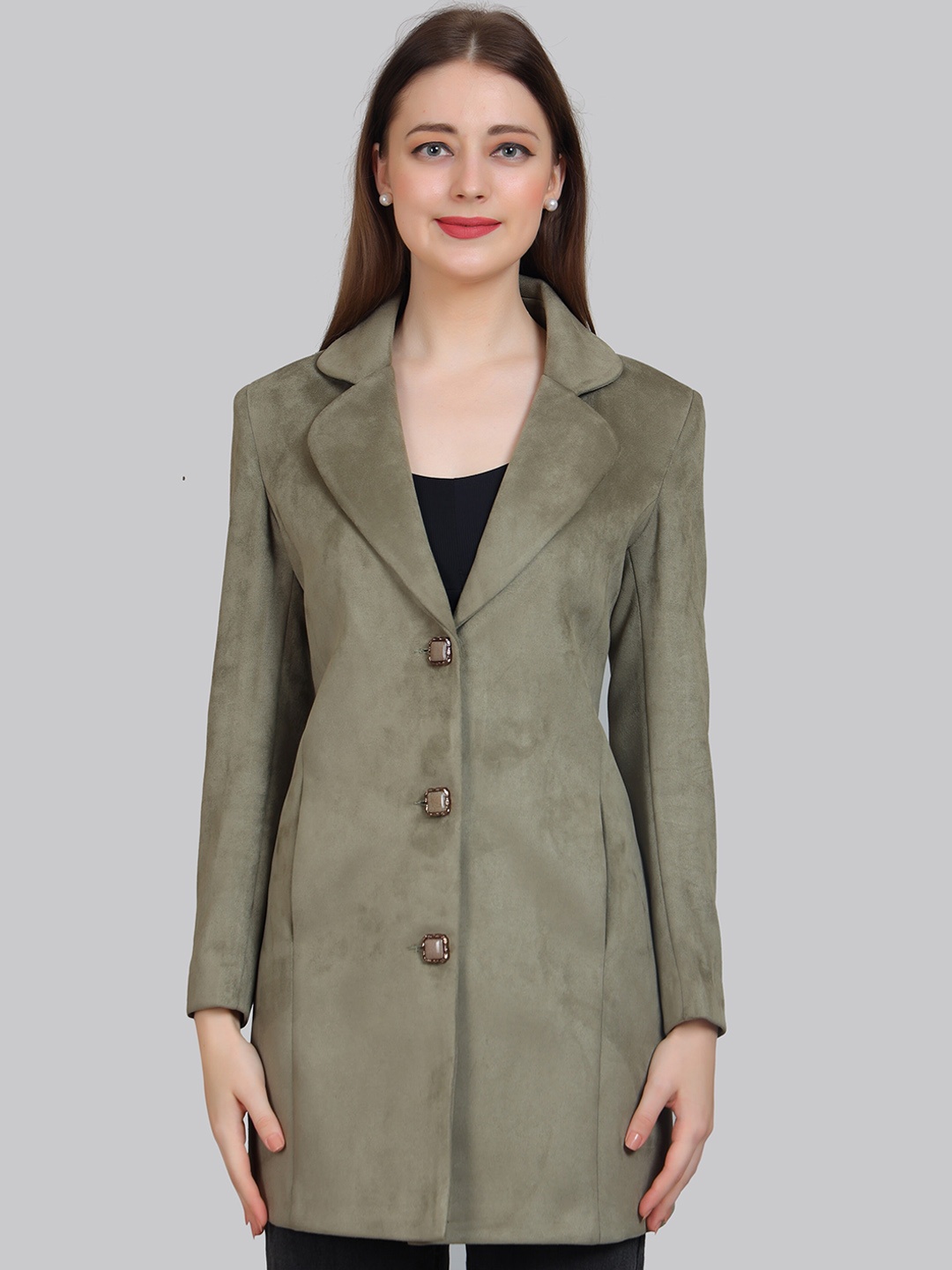 

YOUNG CLUB CLASSIC Single Breasted Suede Pea Coat Coat, Olive