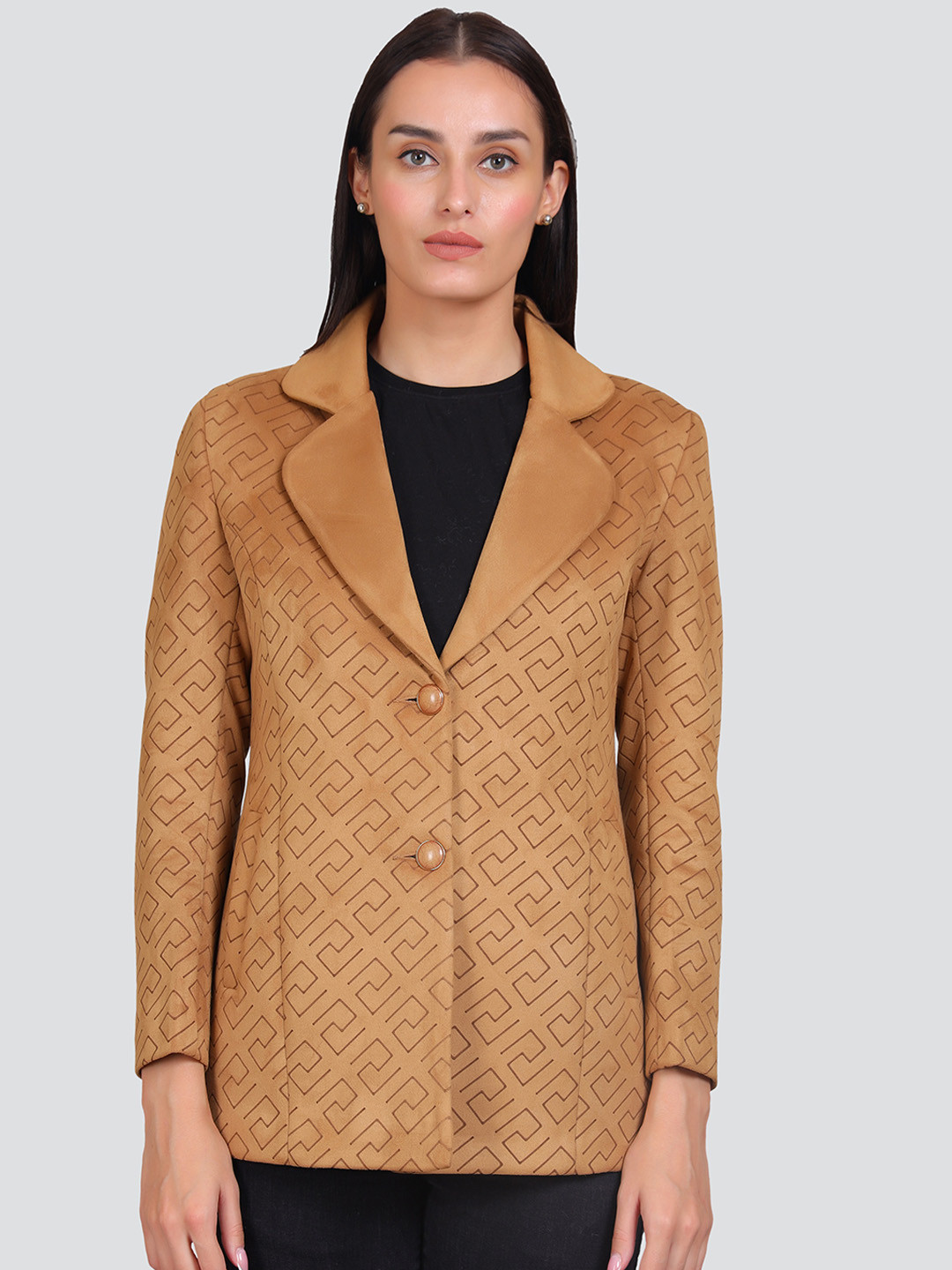 

YOUNG CLUB CLASSIC Geometric Printed Single-Breasted Notched Lapel Collar Overcoat, Mustard