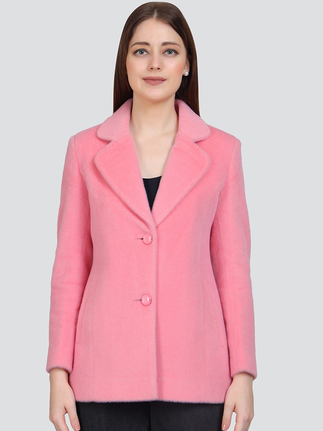 

YOUNG CLUB CLASSIC Single-Breasted Notched Lapel Collar Woollen Overcoat, Pink