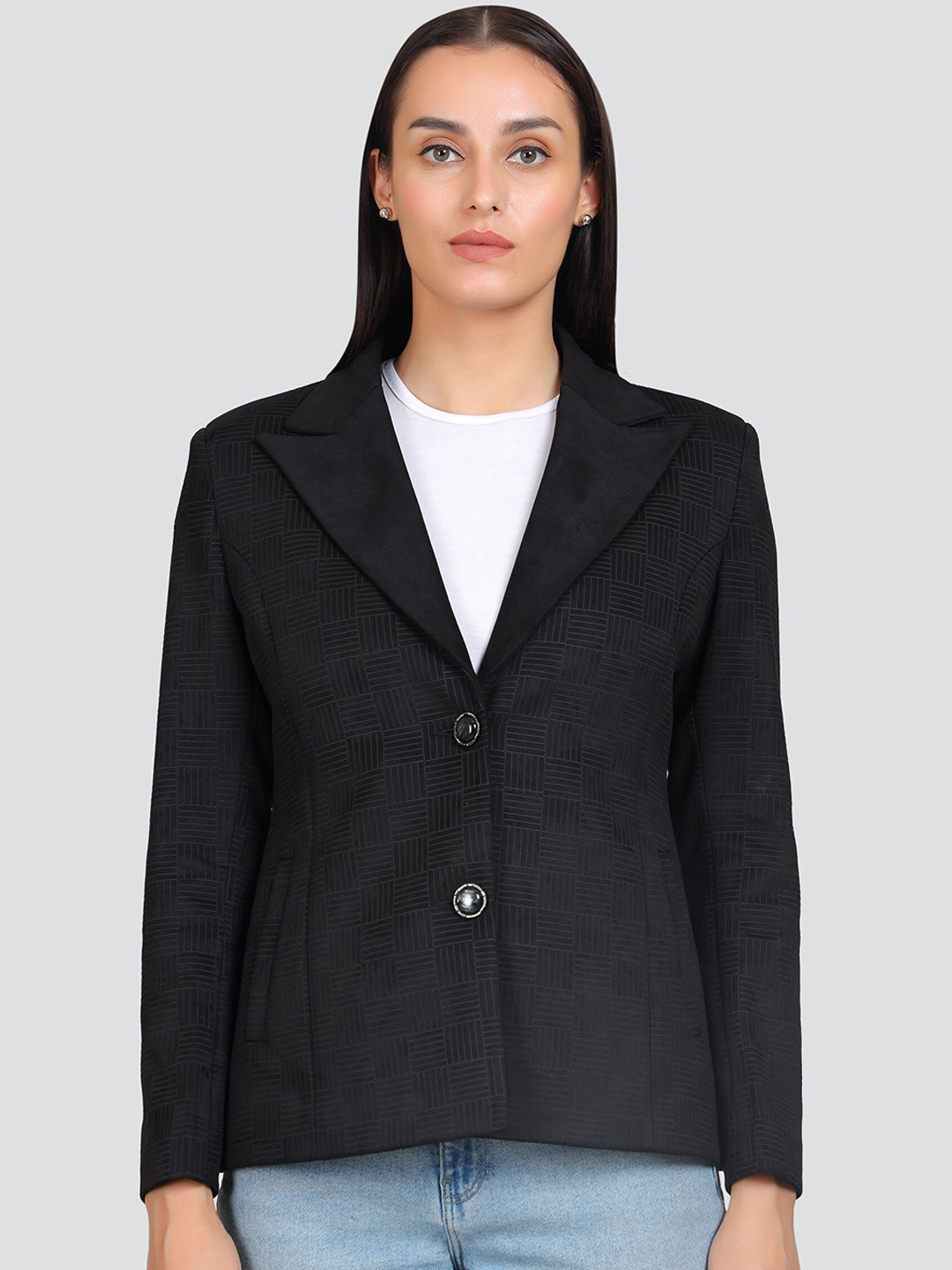 

YOUNG CLUB CLASSIC Self Design Single-Breasted Formal Blazer, Black