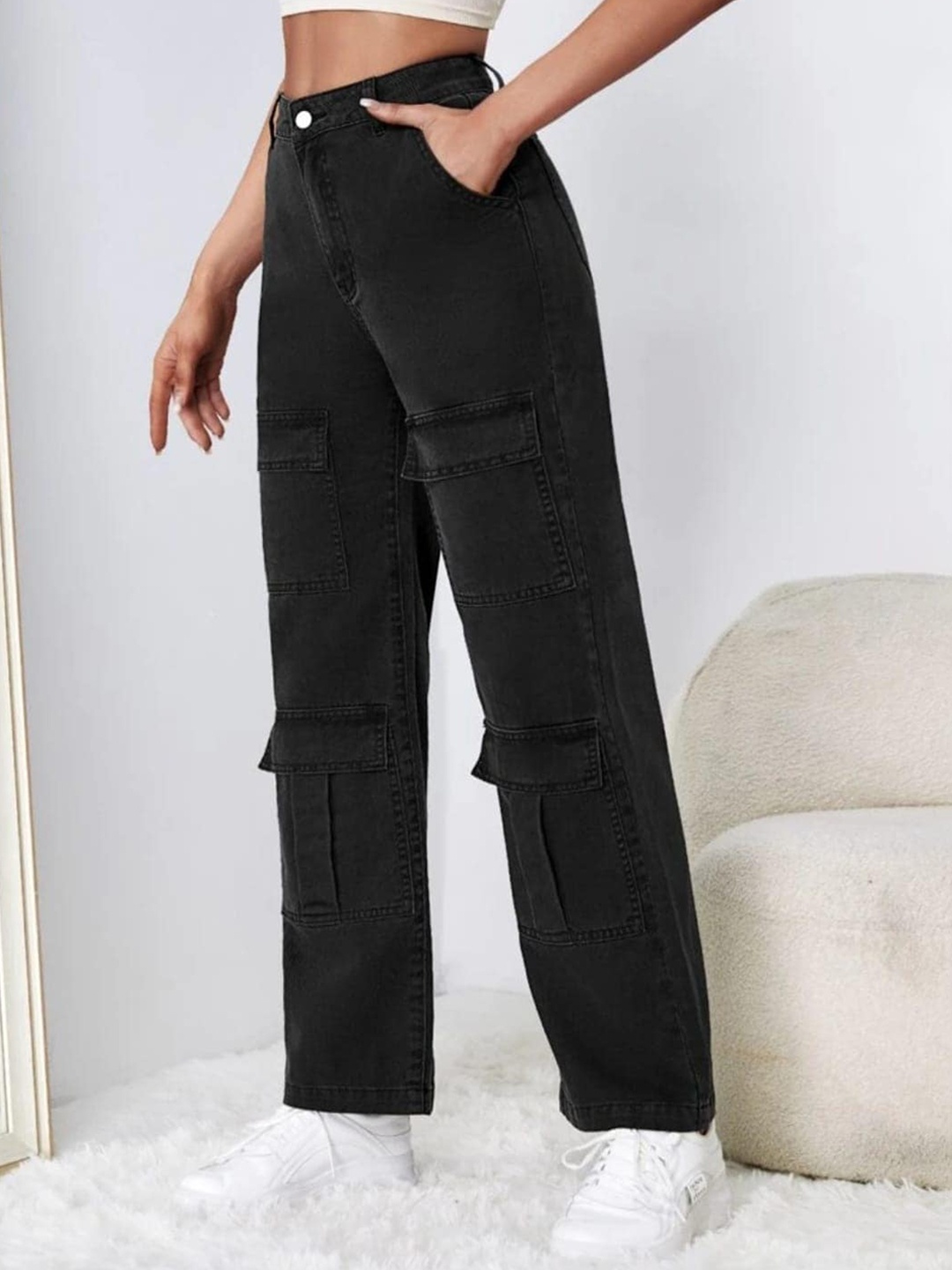 

Next One Women Smart Wide Leg High-Rise Stretchable Cotton Jeans, Black