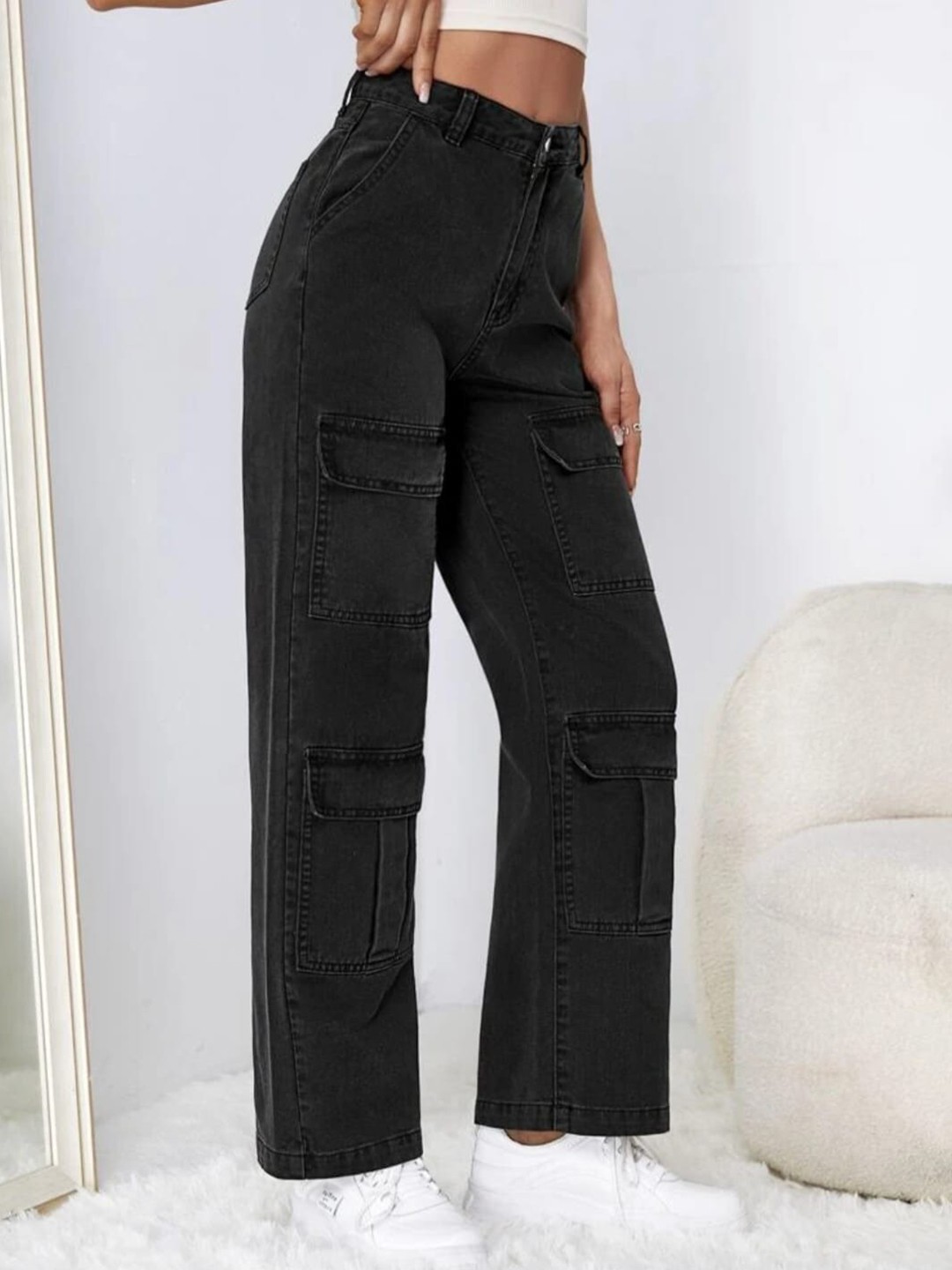 

Next One Women Smart Wide Leg High-Rise Stretchable Cotton Jeans, Black