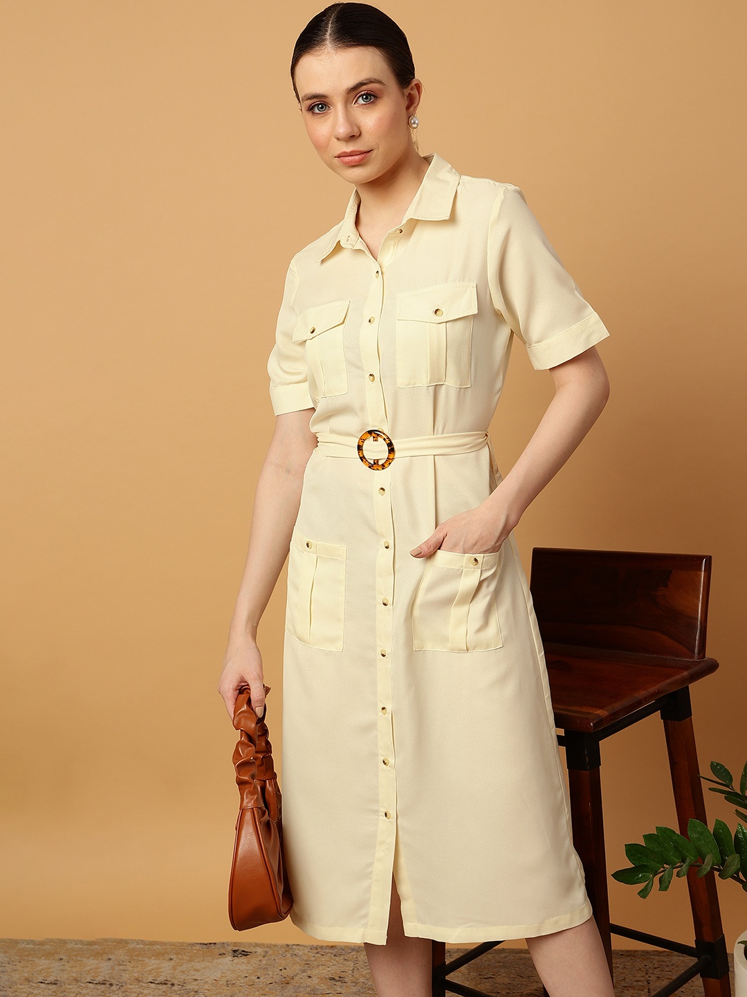 

MINT STREET Shirt Collar Belted Georgette A-Line Midi Dress, Cream