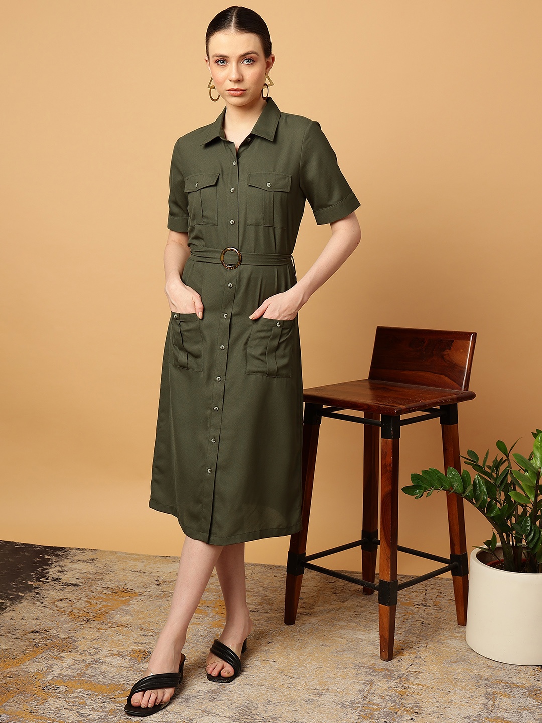 

MINT STREET Shirt Collar Belted Georgette A-Line Midi Dress, Olive