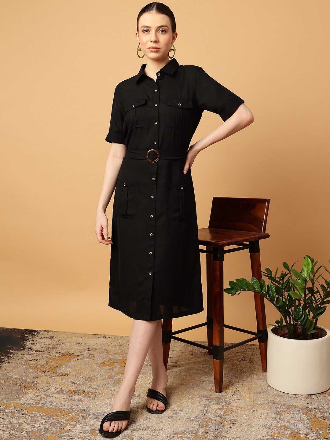 

MINT STREET Shirt Collar Shirt Dress, Black