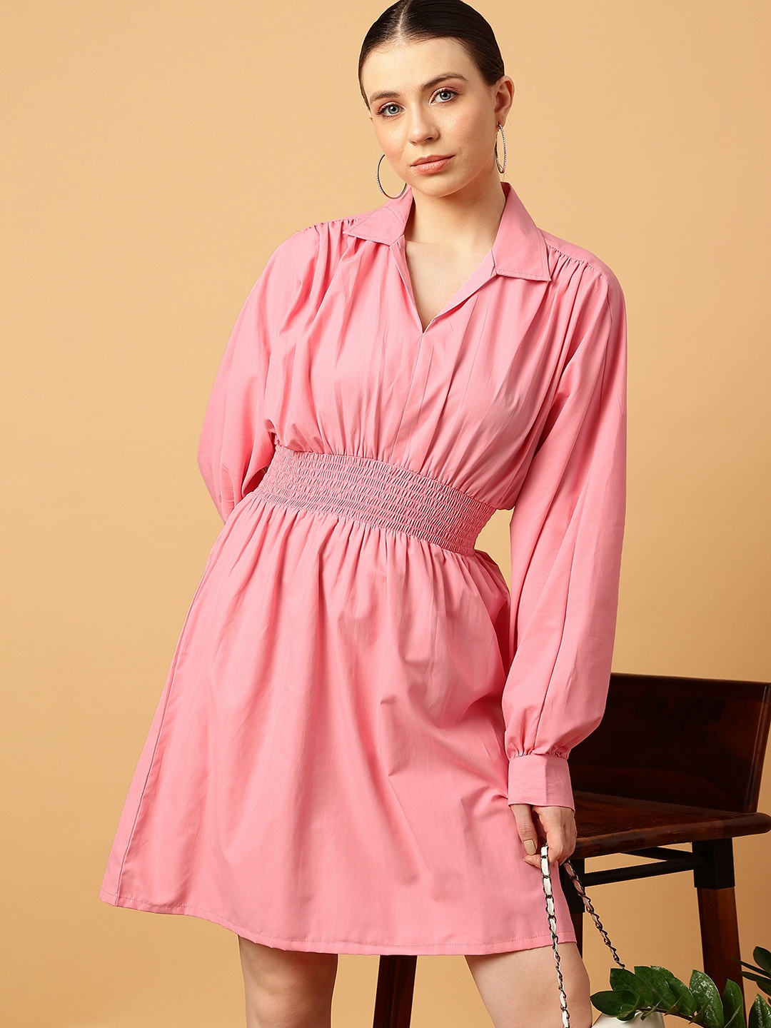 

MINT STREET Shirt Collar Cuffed Sleeve Smocked & Gathered Pure Cotton Fit & Flare Dress, Pink