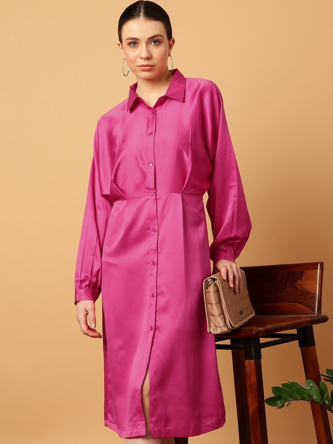 

MINT STREET Shirt Collar Cuffed Sleeves Shirt Dress, Fuchsia