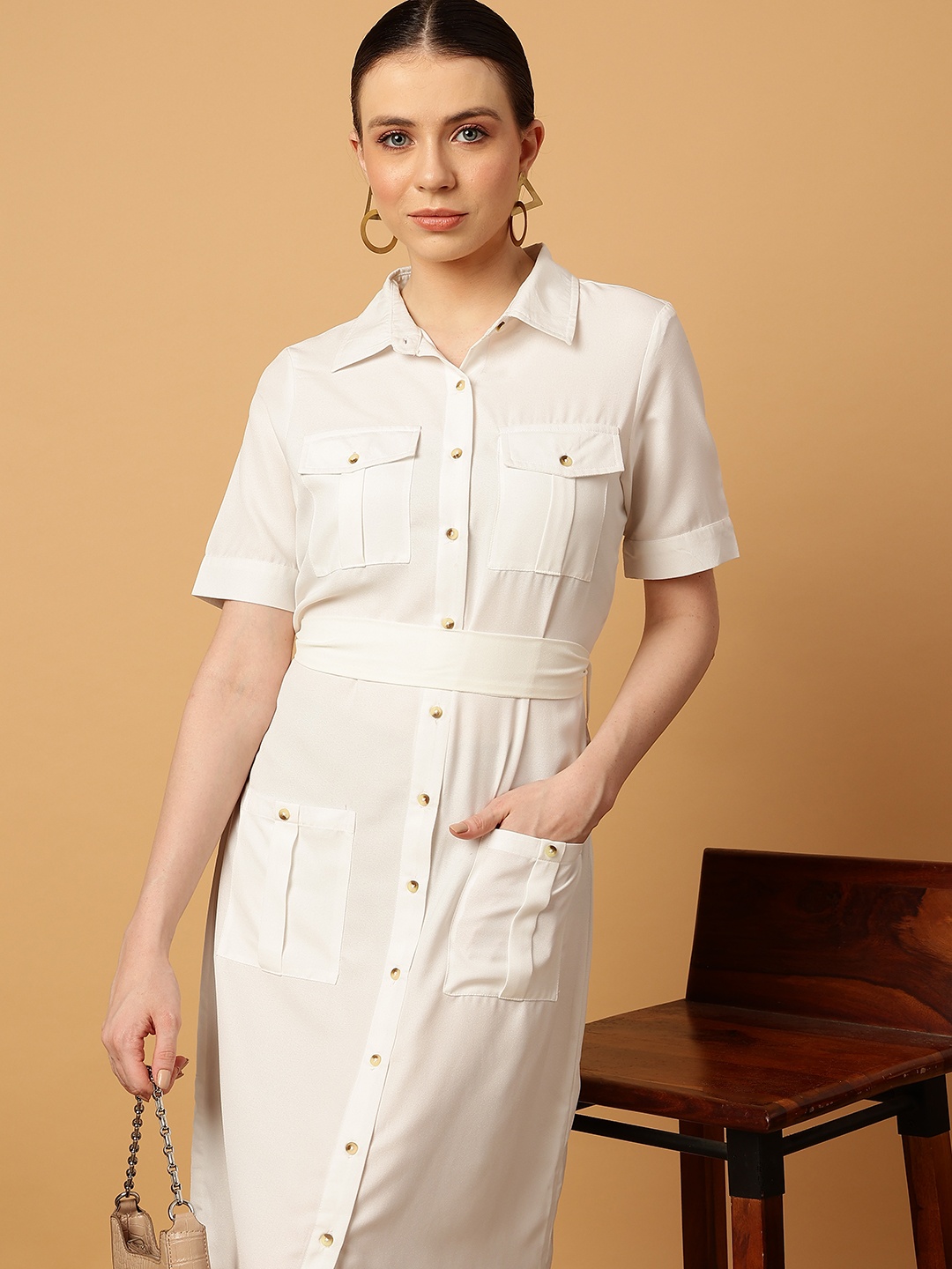 

MINT STREET Pocket Detailing Shirt Style Midi Dress, White