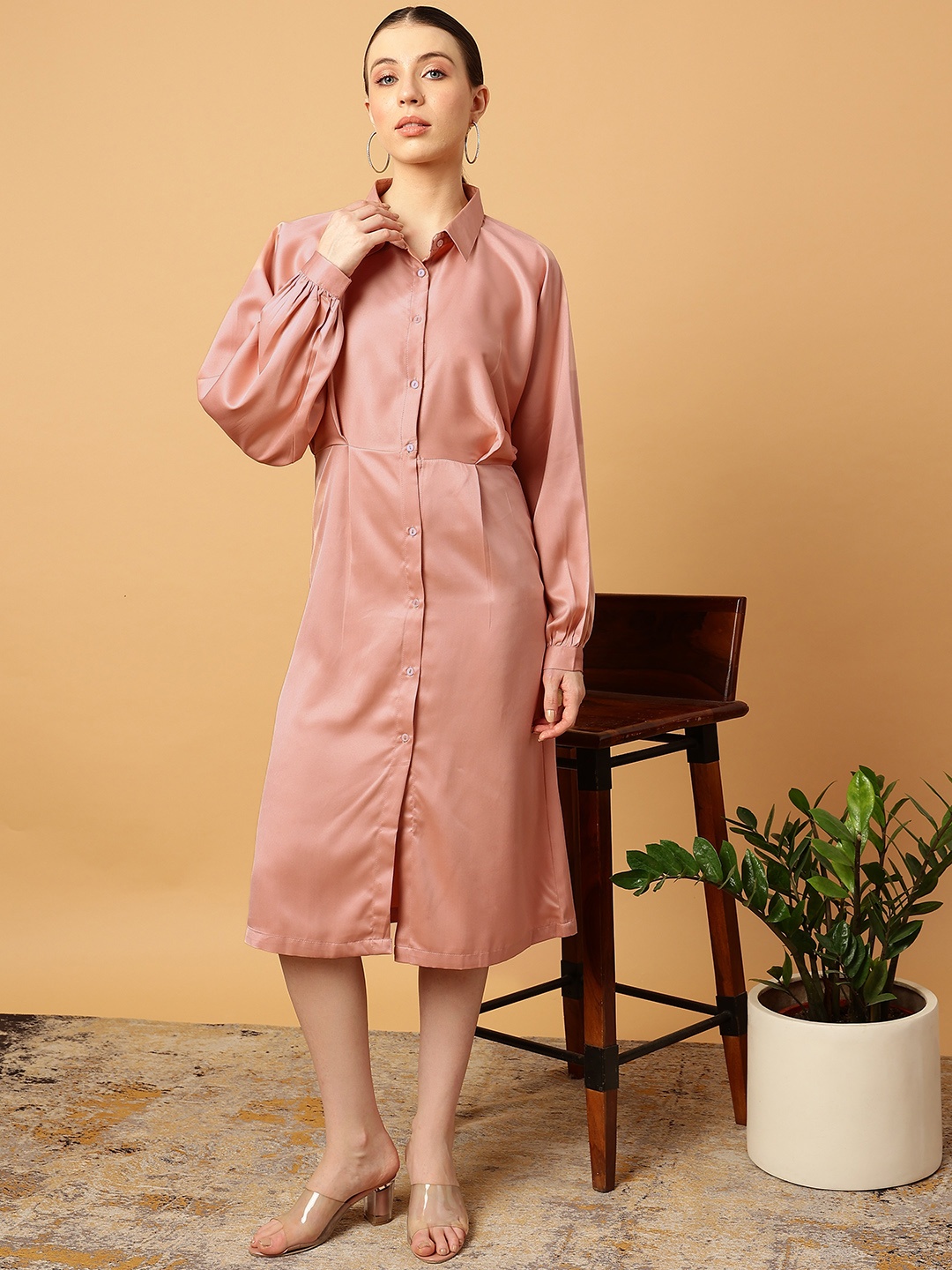 

MINT STREET Satin Shirt Style Midi Dress, Pink