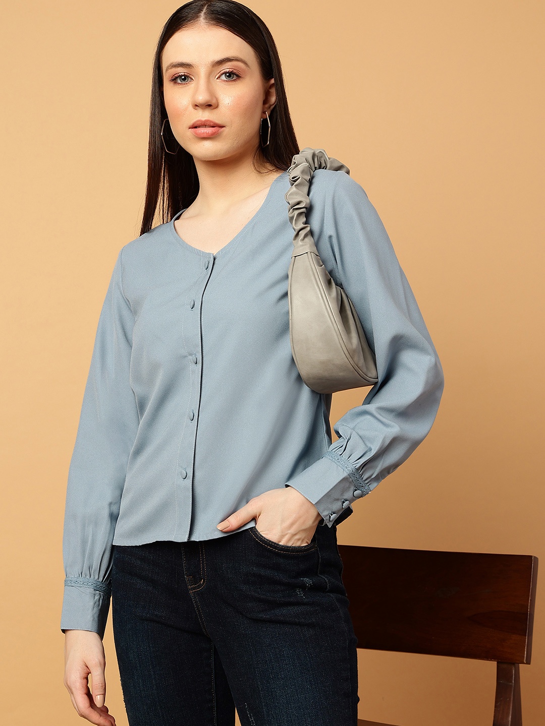 

MINT STREET V-Neck Cuffed Sleeves Shirt Style Top, Blue