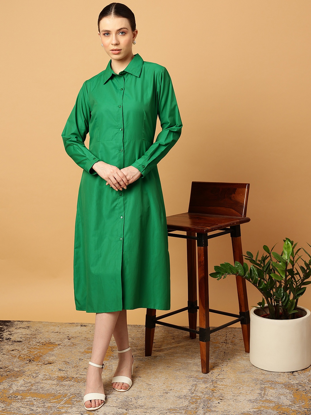 

MINT STREET Shirt Collar Pure Cotton A-Line Dress, Green