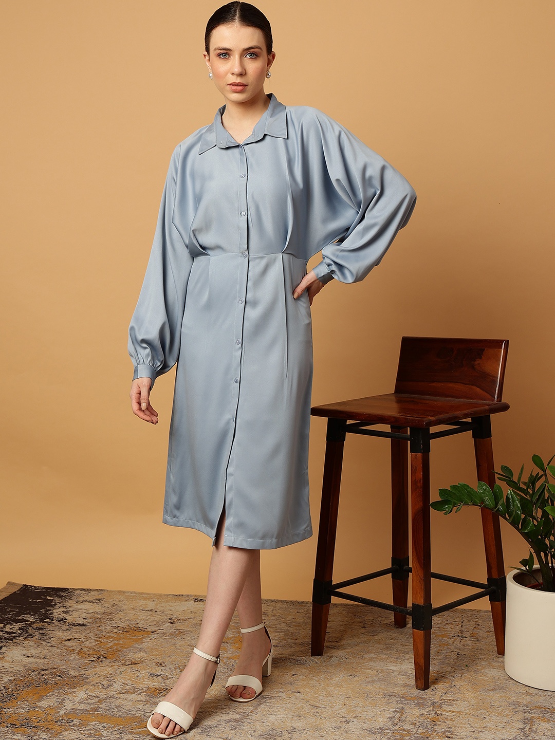 

MINT STREET Shirt Collar Puff Sleeve Satin Shirt Midi Dress, Blue
