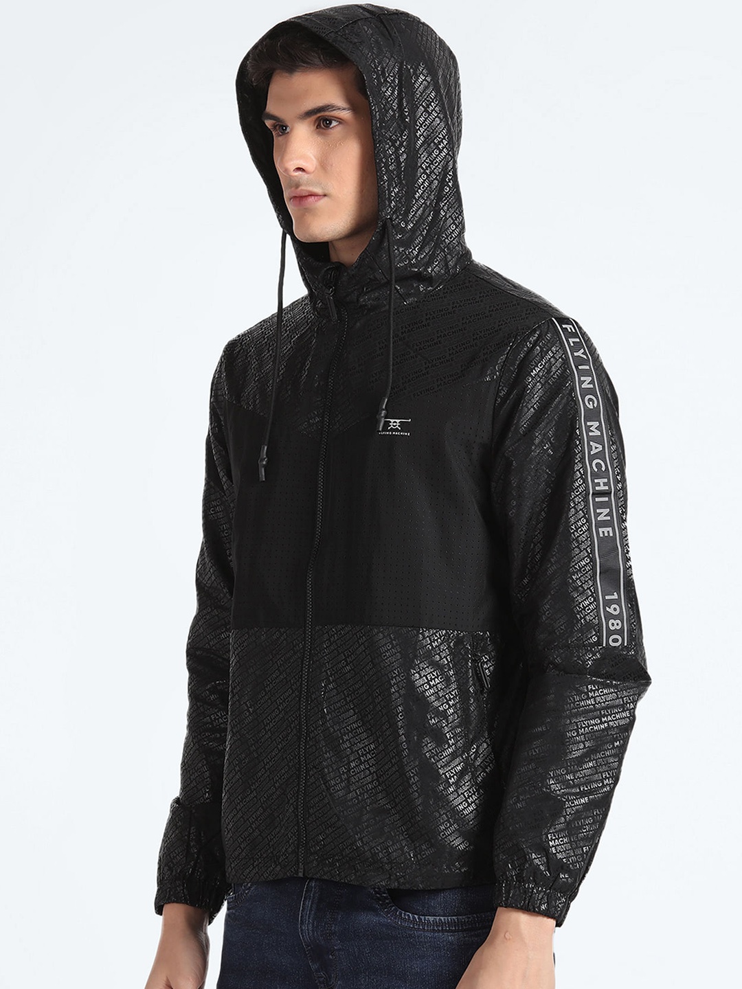 

Flying Machine Typography Printed Hooded Open Front Jacket, Black
