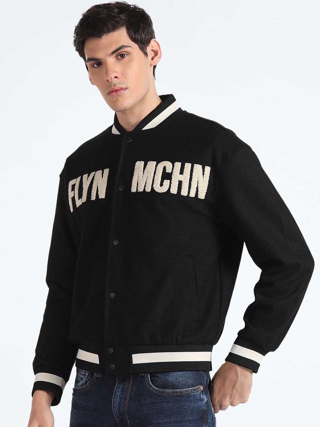 

Flying Machine Stand Collar Bomber Jacket With Embroidered Detail, Black