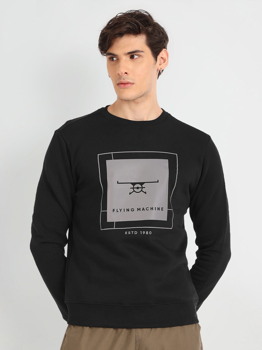

Flying Machine Graphic Printed Round Neck Pullover Sweatshirt, Black