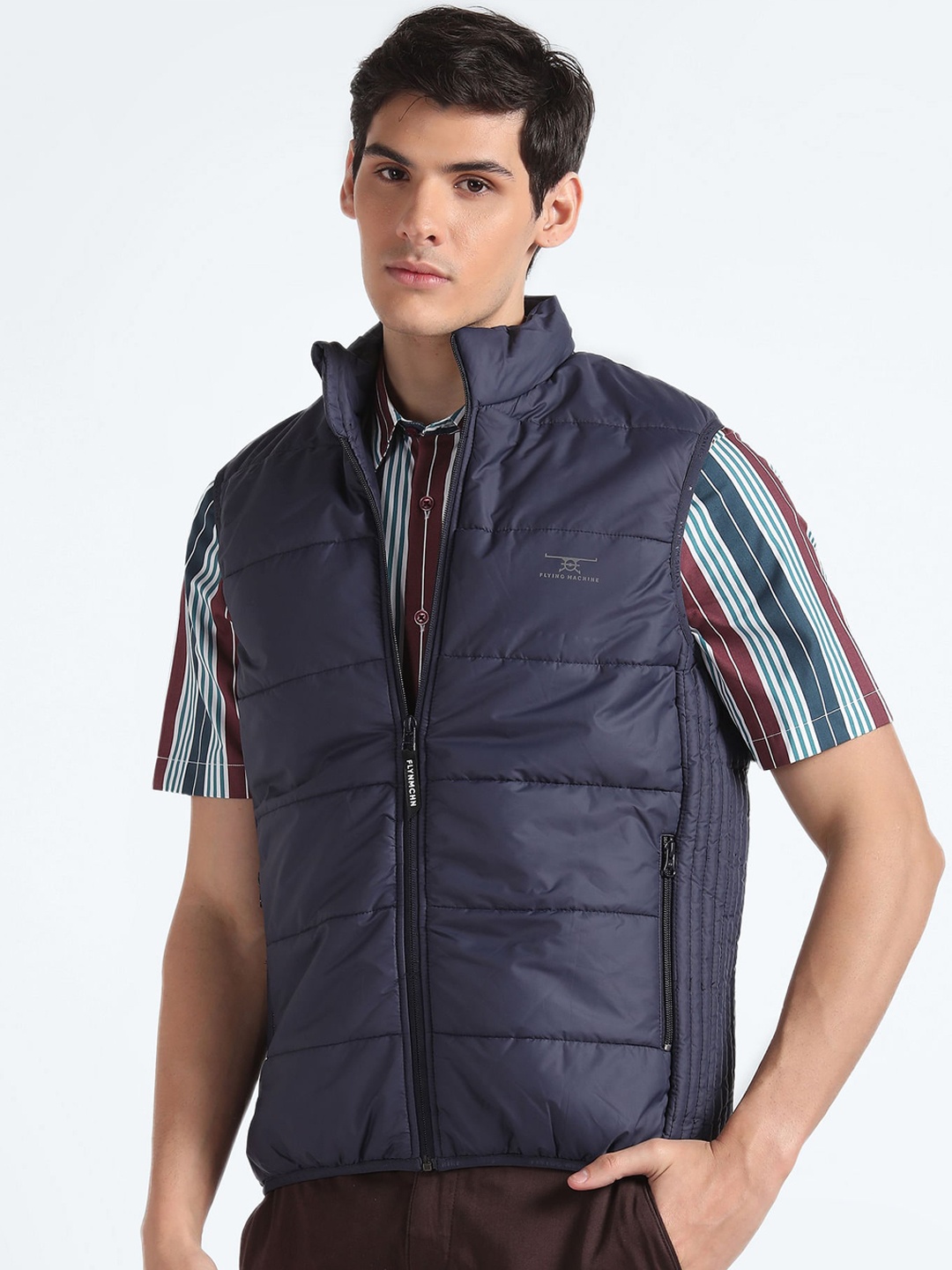 

Flying Machine Stand Collar Sleeveless Padded Jacket, Blue