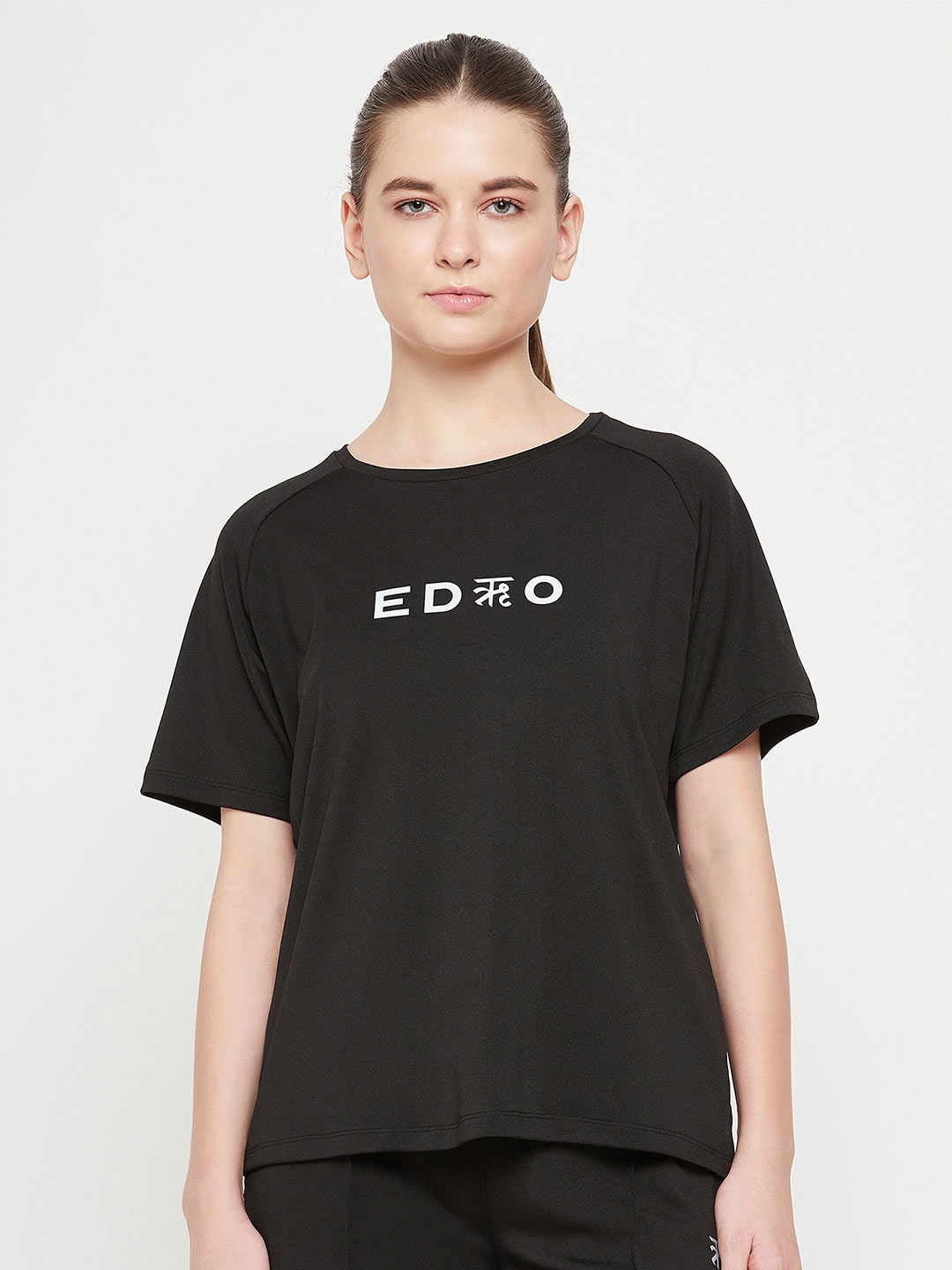 

EDRIO Typography Printed Round Neck Raglan Sleeves Relaxed Fit T-shirt, Black