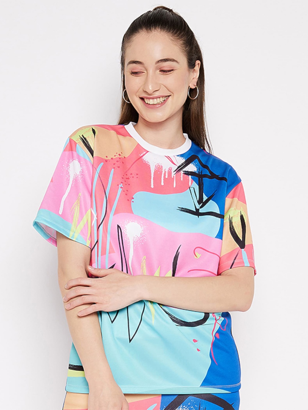

EDRIO Abstract Printed Round Neck Short Sleeves Relaxed Fit T-shirt, Pink