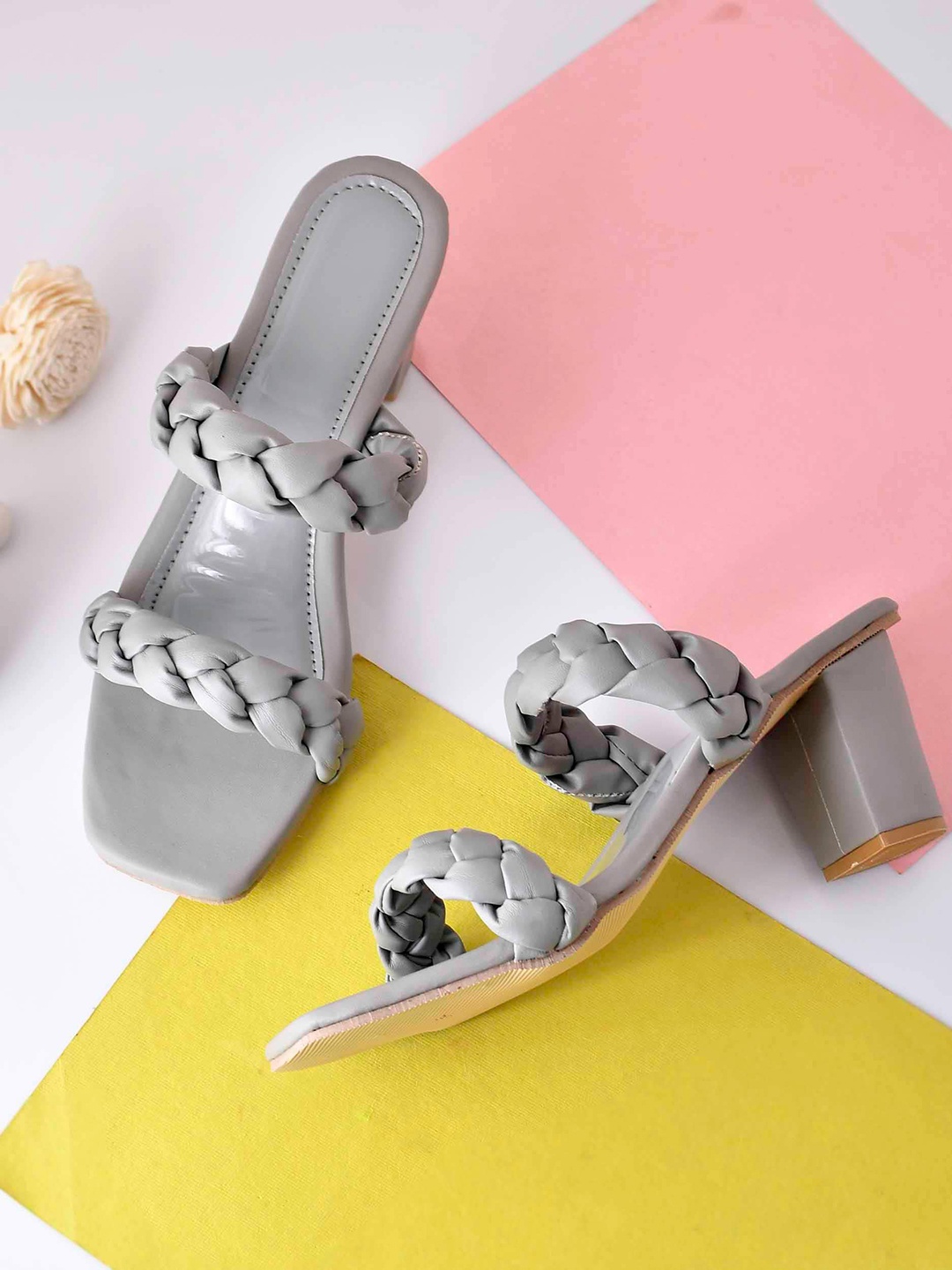 

GLAMZKART Braided Strap Block Heels, Grey