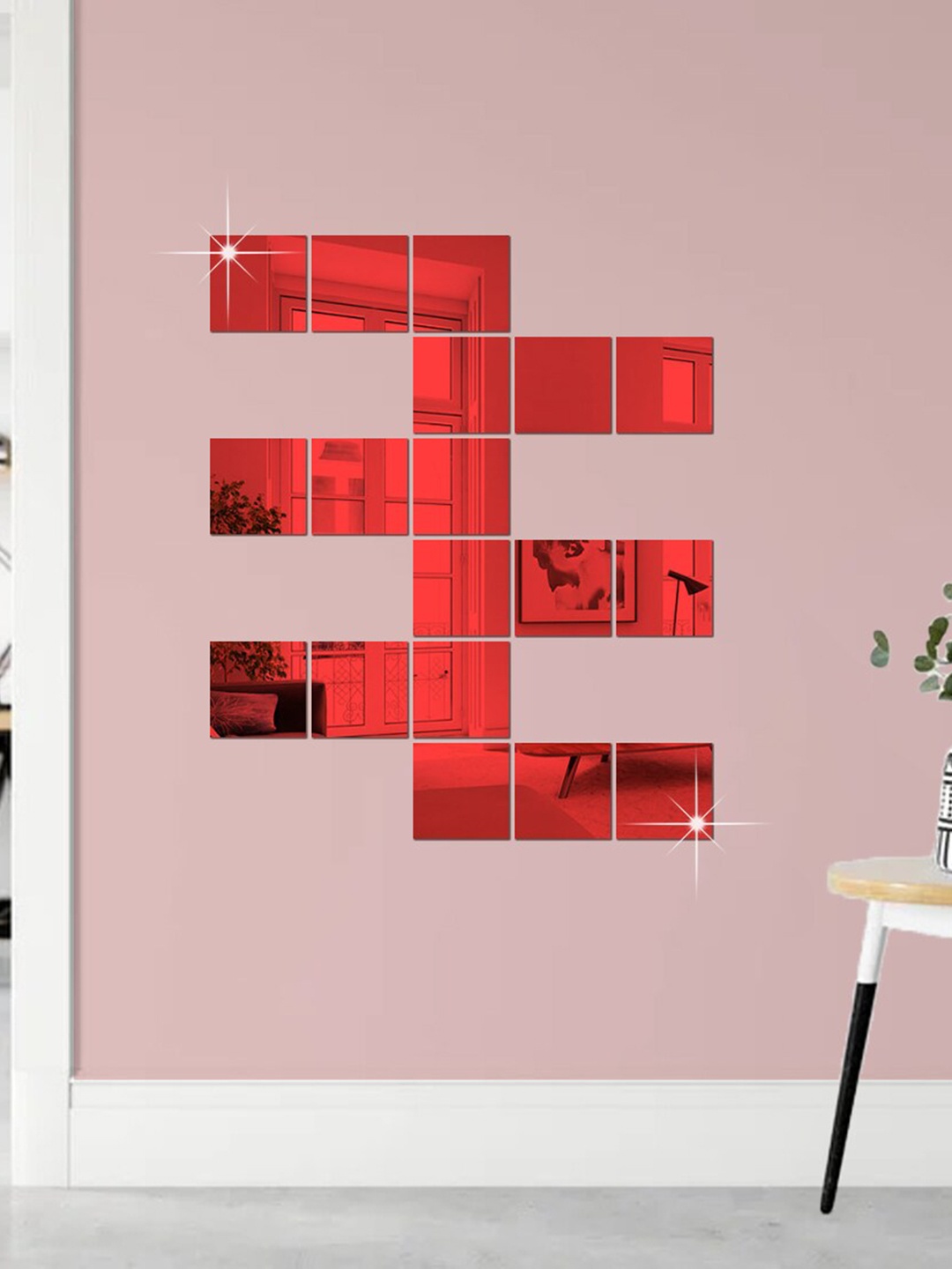 

WallDaddy 18 Pcs Red Self-Adhesive Square Mirror Wall Stickers