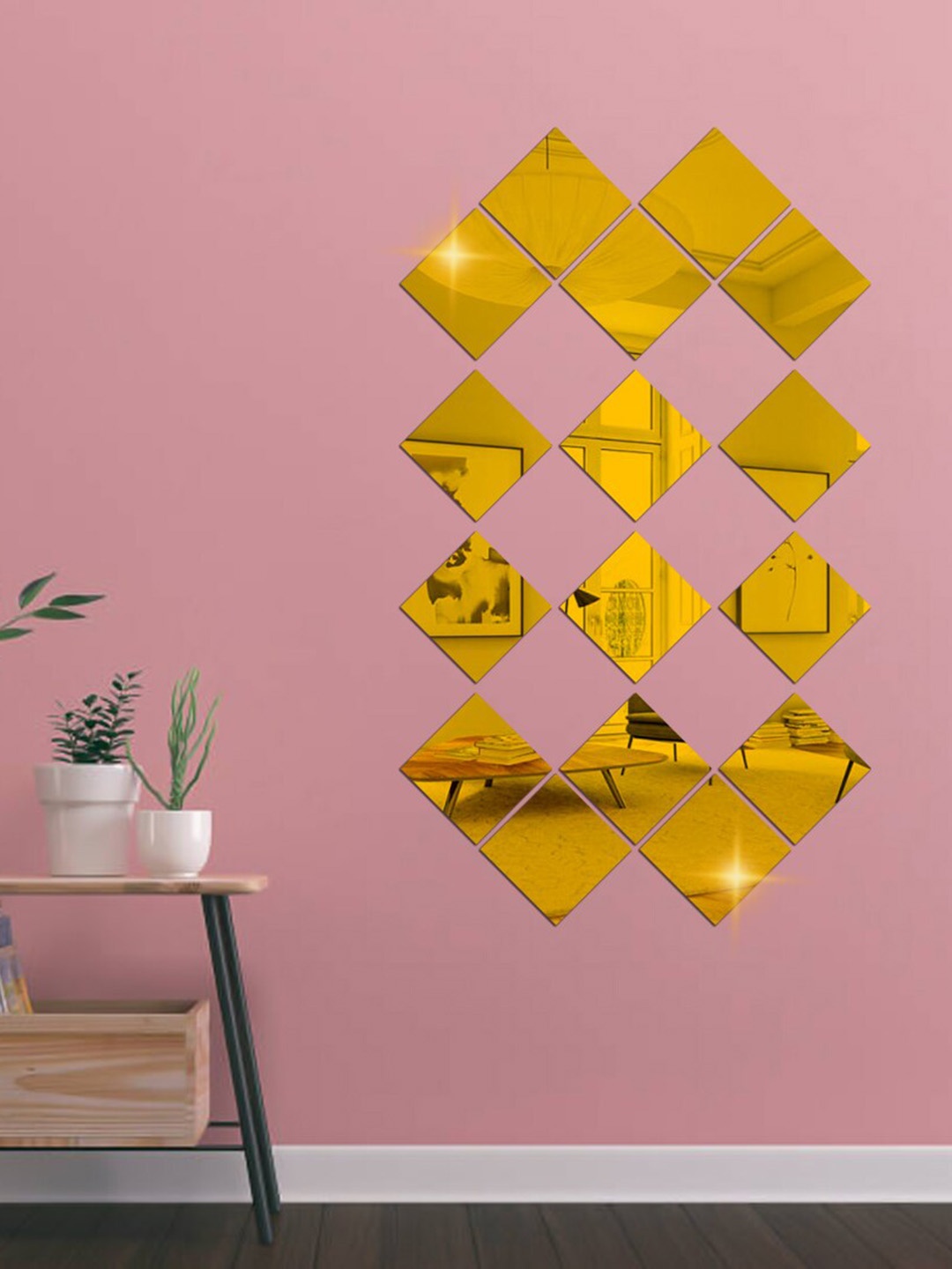 

WallDaddy Yellow 16 Pieces Self-Adhesive Square Mirror Wall Stickers, Gold