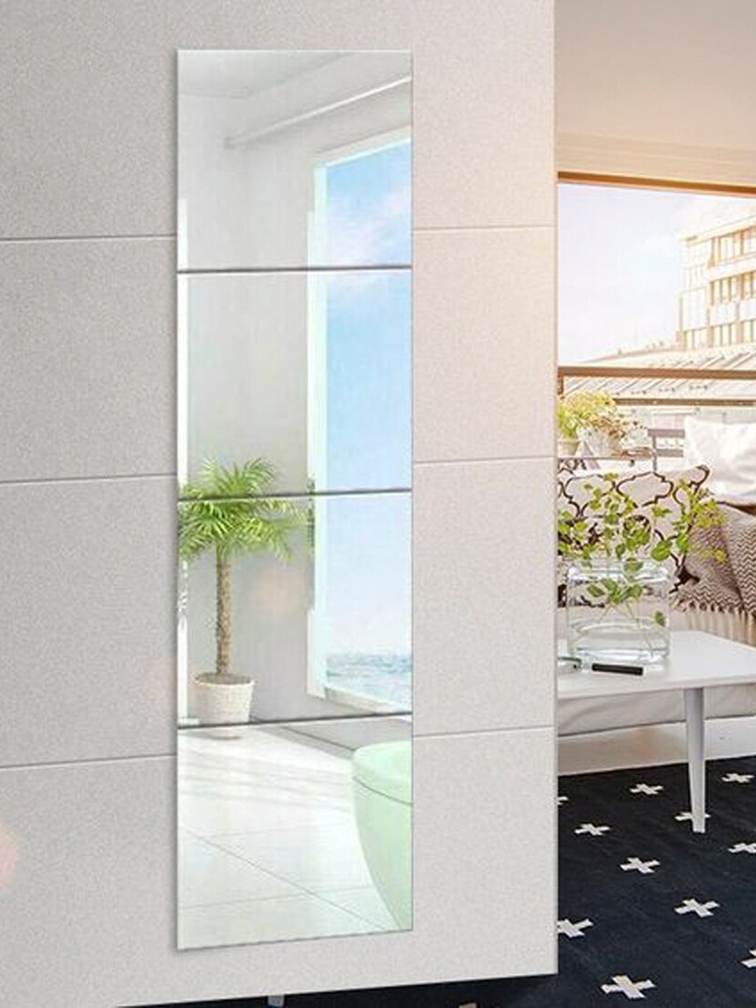 

WallDaddy Silver Toned 4 Pieces Self-Adhesive Square Design Mirror Wall Stickers