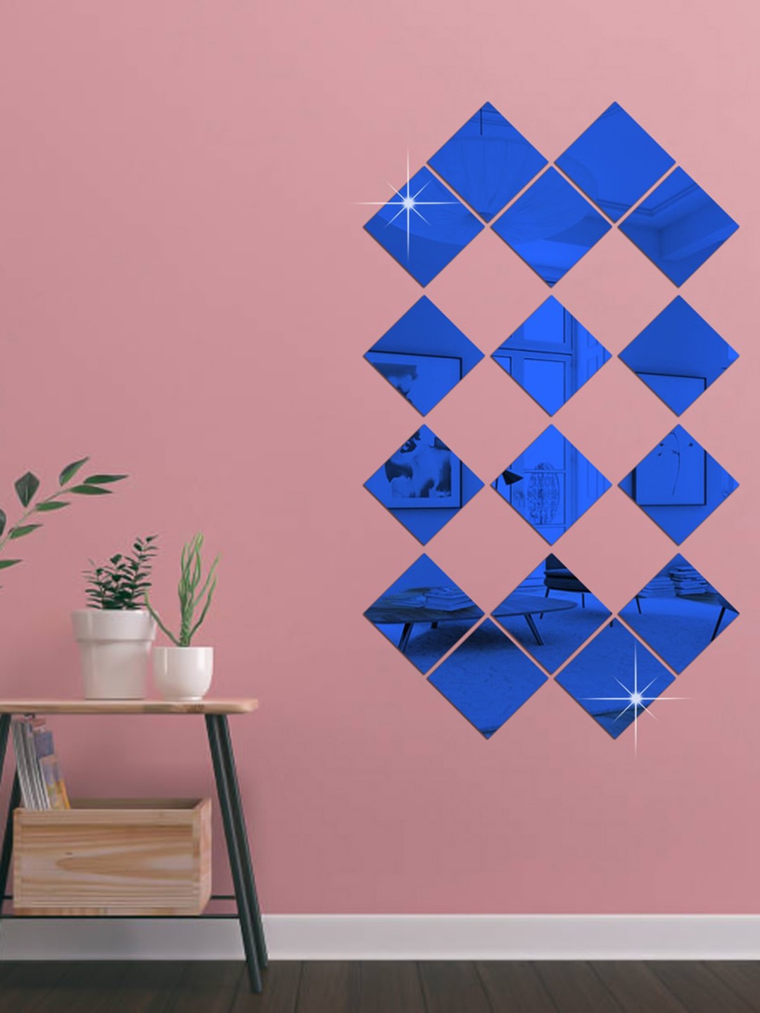 

WallDaddy 16 Pcs Blue Self-Adhesive Square Mirror Wall Stickers